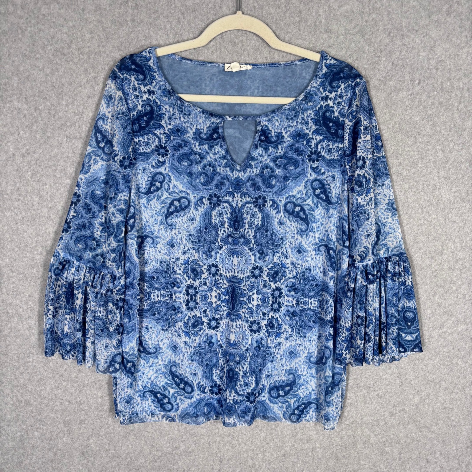 Jane Delancey Mesh Bell Sleeve Peasant Top Medium Paisley Ruched Cottage Boho